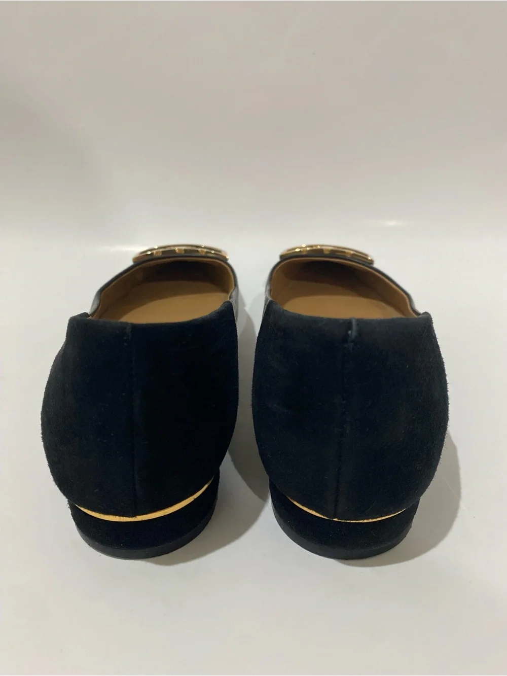 Tory Burch Jessa Black Gold Pointed Toe Logo Buckle Flats Leather Suede